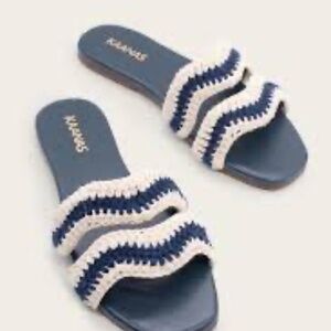 Kaanas Tansy Crochet Cotton & Leather Slides Navy & Ivory Size 8M (retails $179)